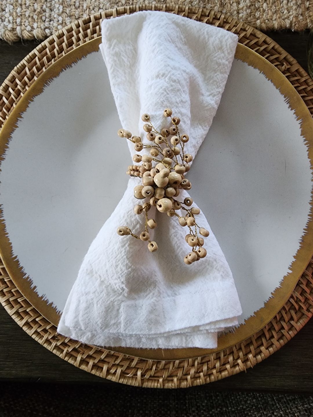 Customer photo review of DiVine Wood Beaded Napkin RingSize: 4"x3"Set of 4Color: Natural