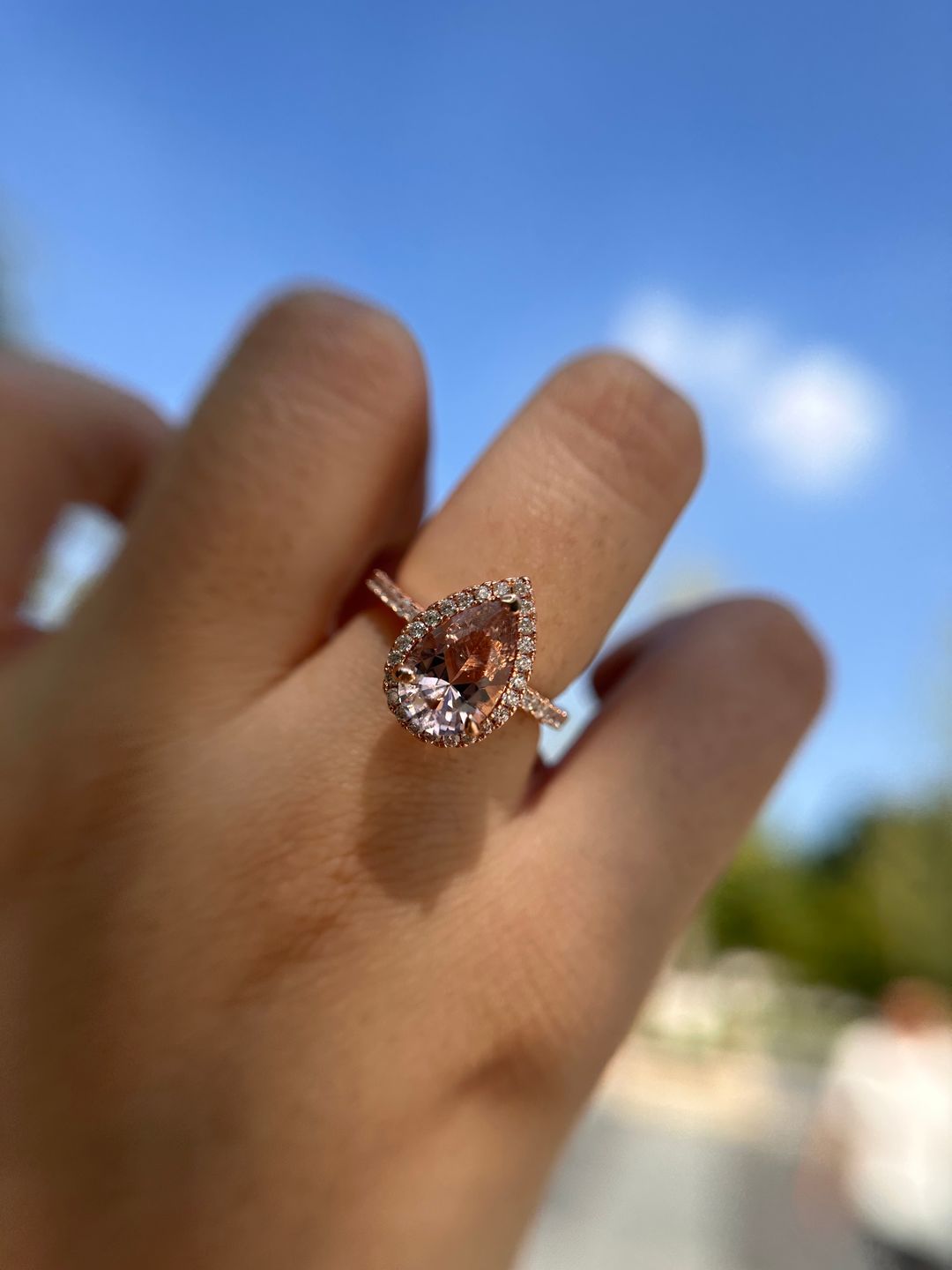 Customer photo review of Louily Rose Gold Halo Pear Cut Synthetic Morganite Engagement Ring