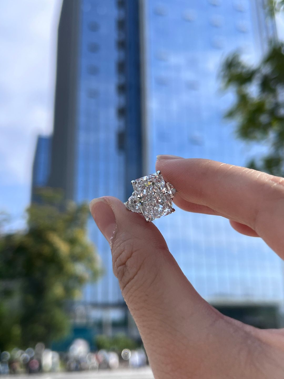 Customer photo review of Louily Luxurious Crushed Ice Radiant Cut Three Stone Engagement Ring