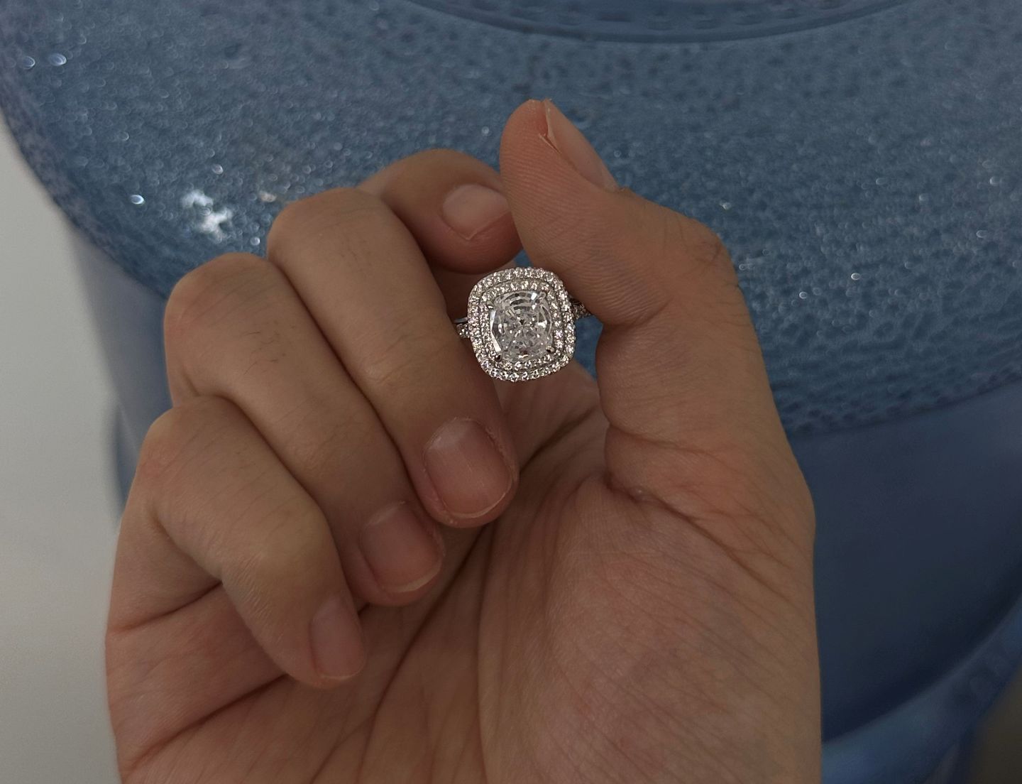 Customer photo review of Louily 2.0 Carat Double Halo Cushion Cut Engagement Ring In Sterling Silver