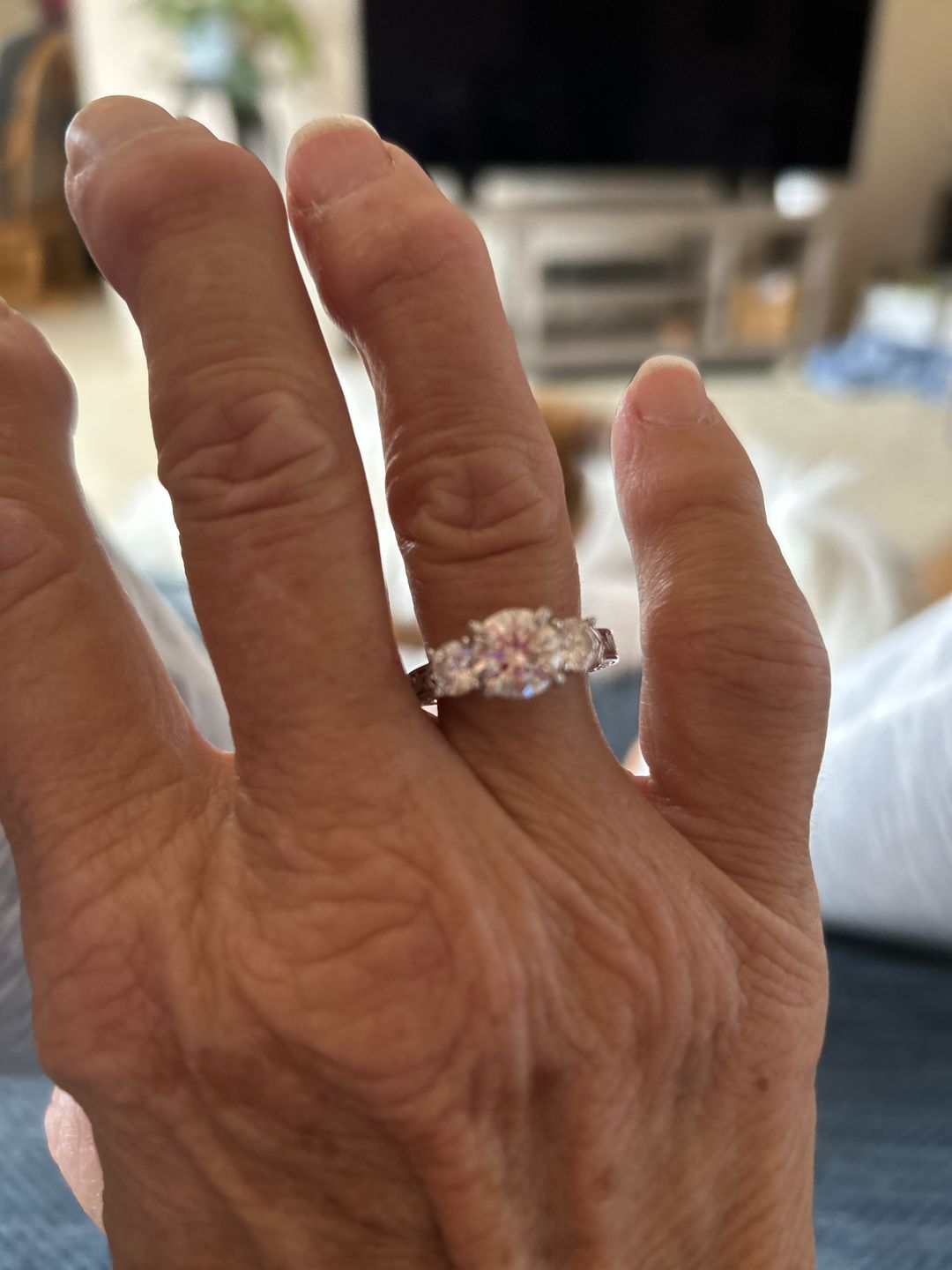 Customer photo review of Vintage Three Stone Moissanite Scroll Filigree Engagement Ring