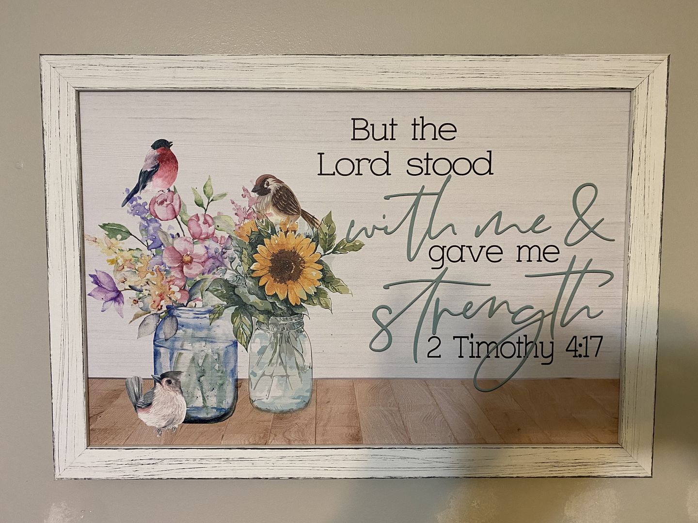Customer photo review of But the Lord stood with me and gave me strength 2 Timothy 4:17 - Bible verse wall art