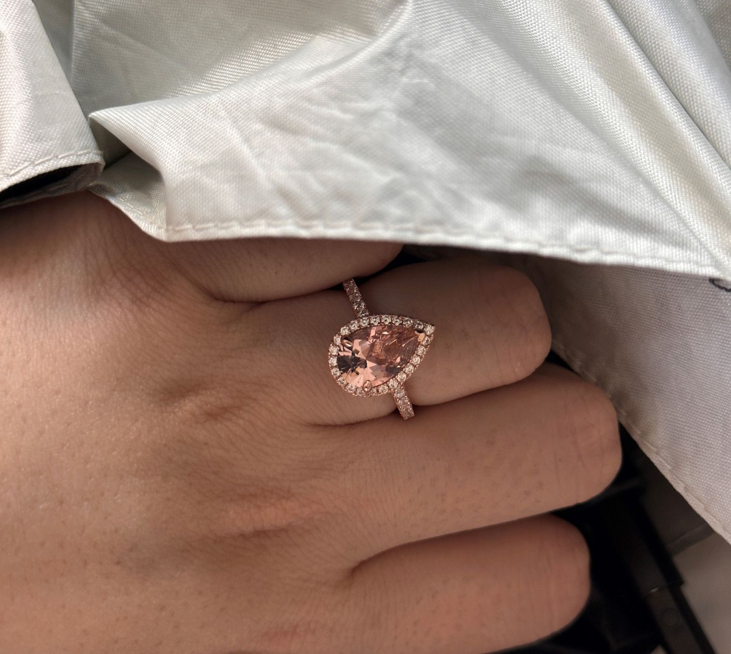 Customer photo review of Louily Rose Gold Halo Pear Cut Synthetic Morganite Engagement Ring