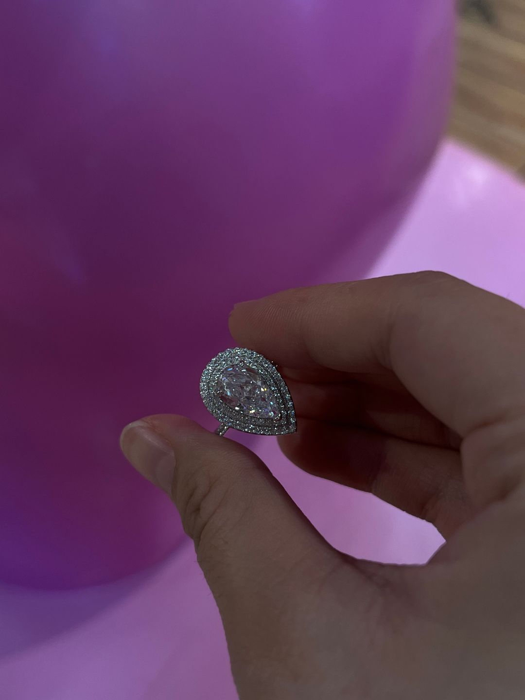 Customer photo review of Louily Double Halo Pear Cut Engagement Ring In Sterling Silver