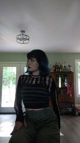 Customer photo review of Fishnet long sleeve hollow out see through gloves solid pant set goth Emo Darkwave Fashion