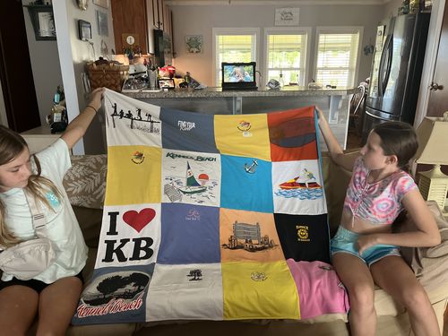 T-shirt quilt with beach activities, water sports themes by Barbara from NC