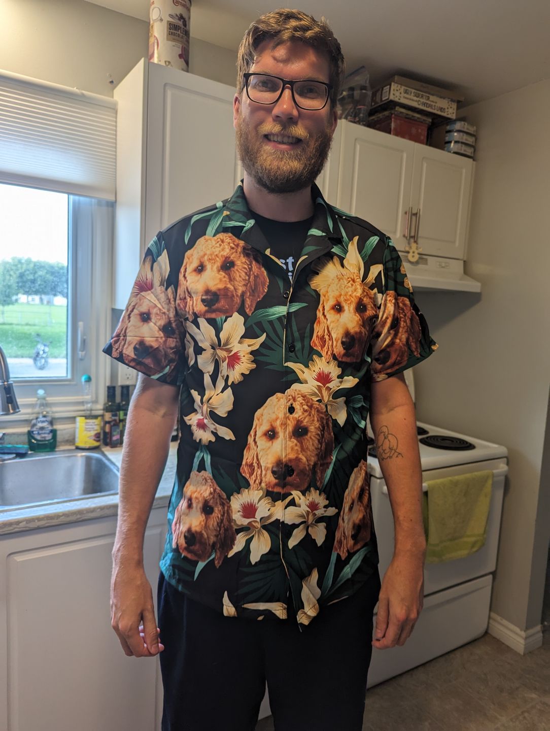 Customer photo review of Custom Hawaiian Shirt For Dog Lovers | Personalized Puppy Lovers Gift | Leaves & Flowers Pattern Dark Green Color Aloha Shirt