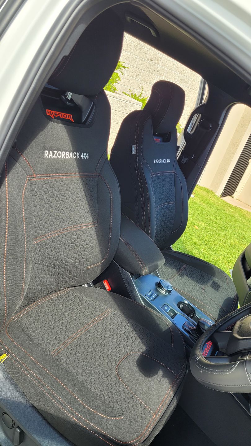 Customer photo review of Ford Next-Gen Raptor Premium Neoprene 2x Front Row Seat Covers (Made to Order)