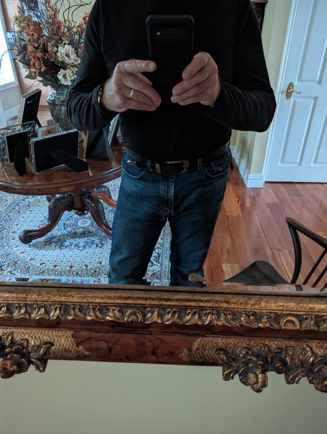Customer photo review of Western Black Hand-tooled Full-Grain Leather Belt