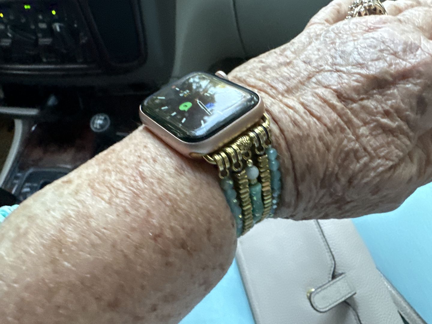 Customer photo review of Jade Glimmer Stretch Apple Watch Strap