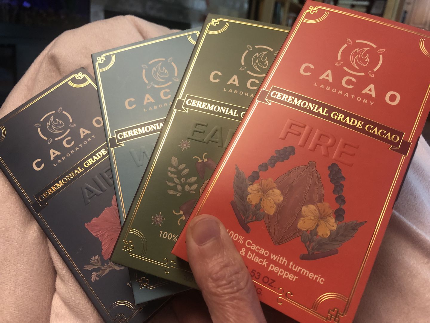 Customer photo review of Four Sacred Element Cacao Blends Variety Box (4 bars – 3.5 oz each)