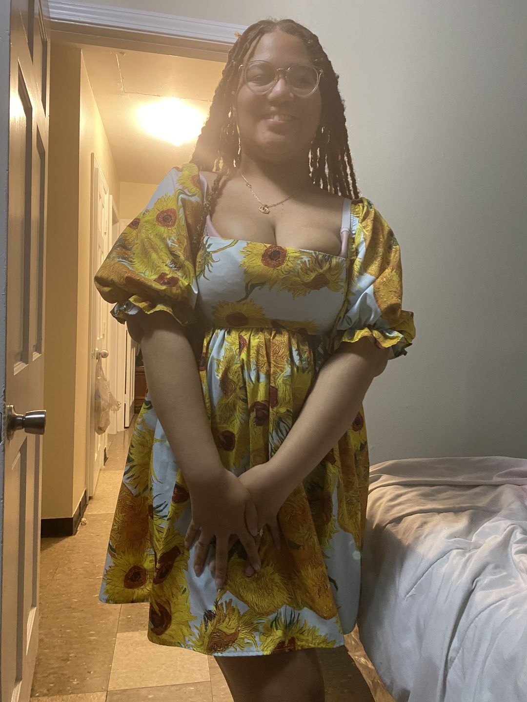 Customer photo review of Van Gogh Sunflowers Puffy mini dress