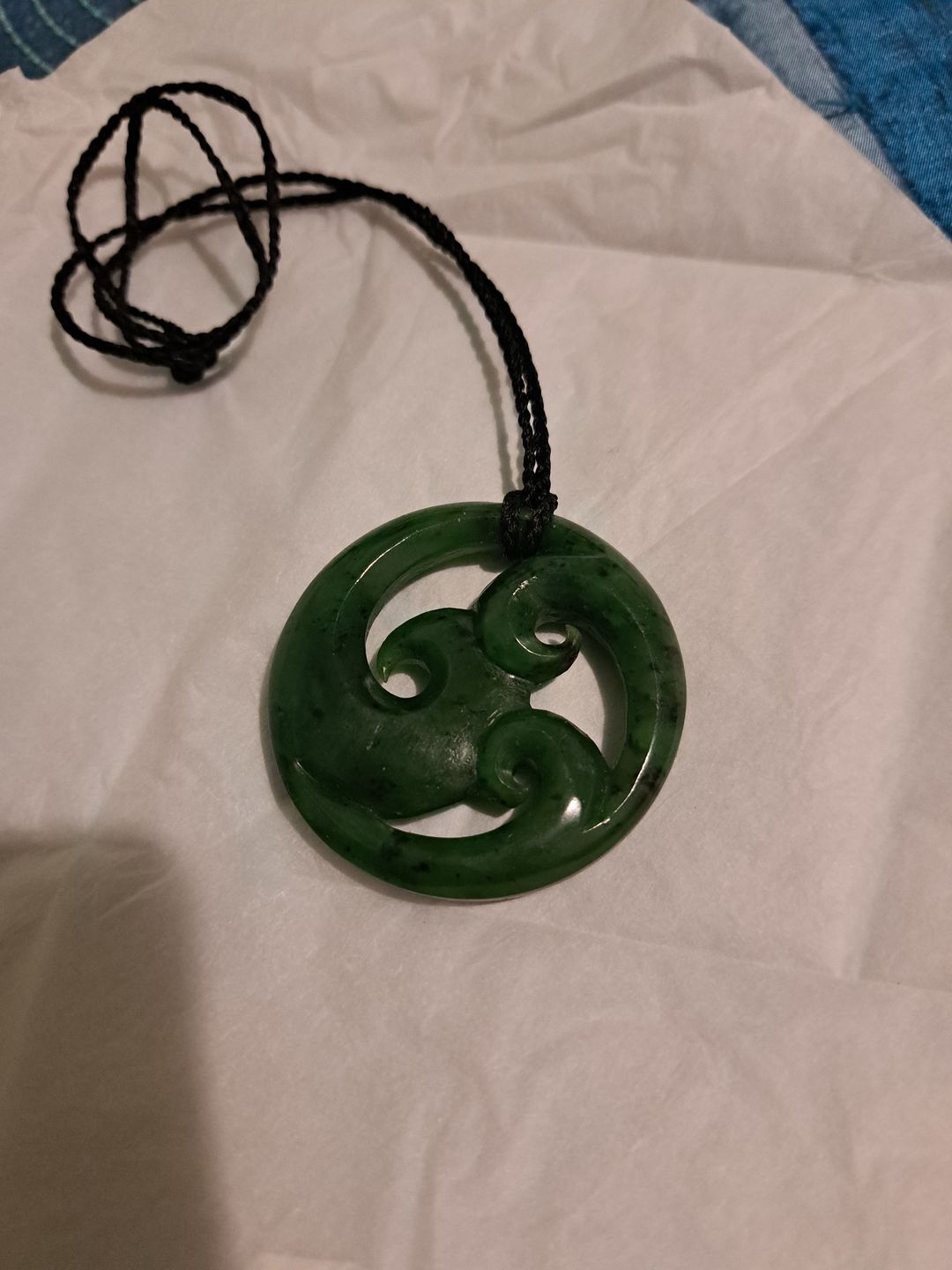 Customer photo review of Large Greenstone Triple Koru Necklace
