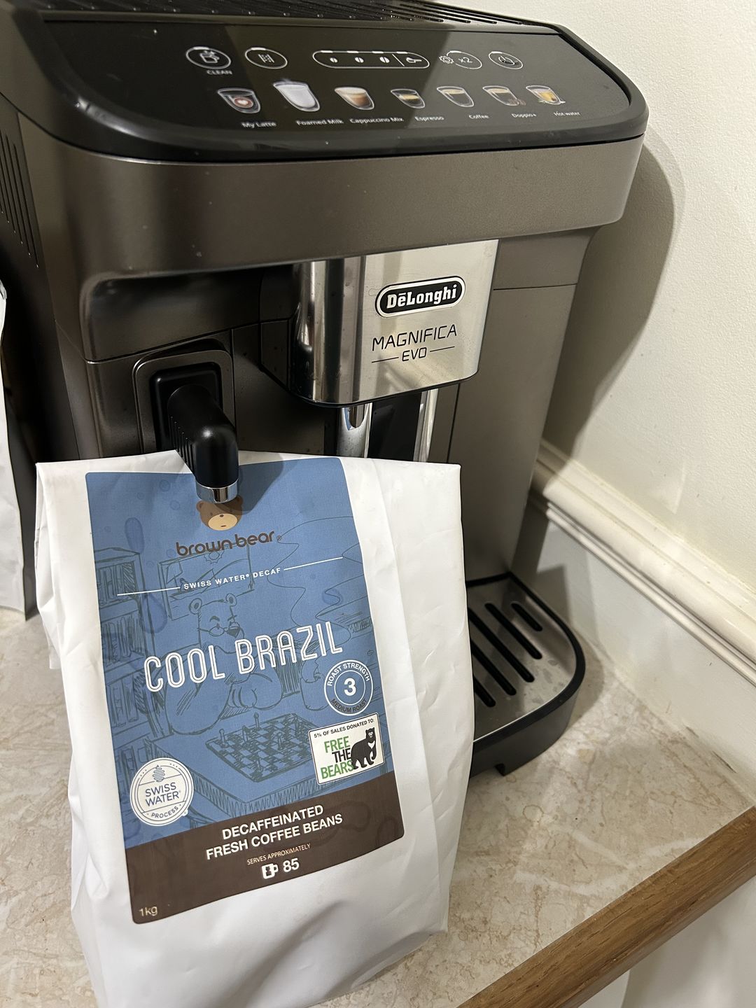Customer photo review of Swiss Water Decaffeinated Coffee, Strength 3, Medium Roast | Cool Brazil