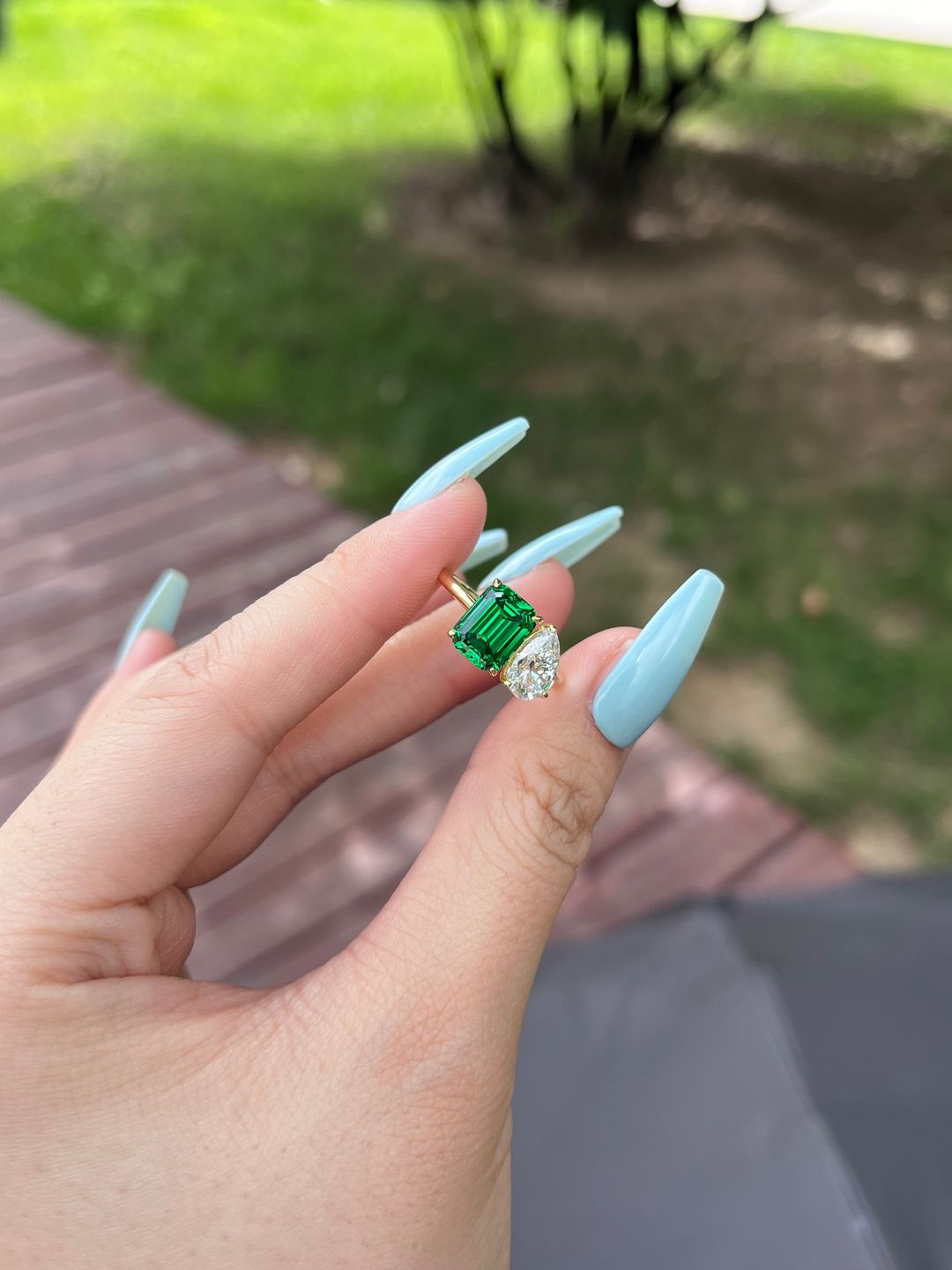 Customer photo review of Louily Special Double Stones Design Emerald & Pear Cut Engagement Ring In Sterling Silver