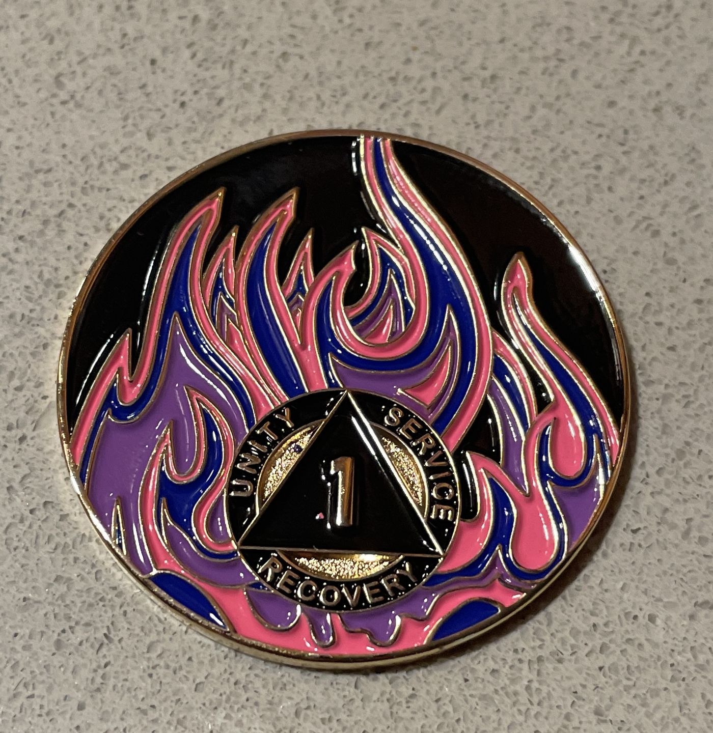 Customer photo review of 1 to 40 Year Sobriety Mint Twisted Flames Gold Plated AA Recovery Medallion/Chip/Coin - Black/Pink/Purple/Blue