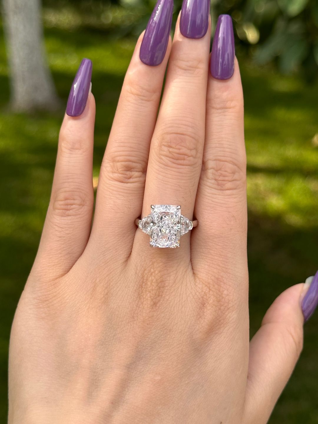 Customer photo review of Louily Luxurious Crushed Ice Radiant Cut Three Stone Engagement Ring