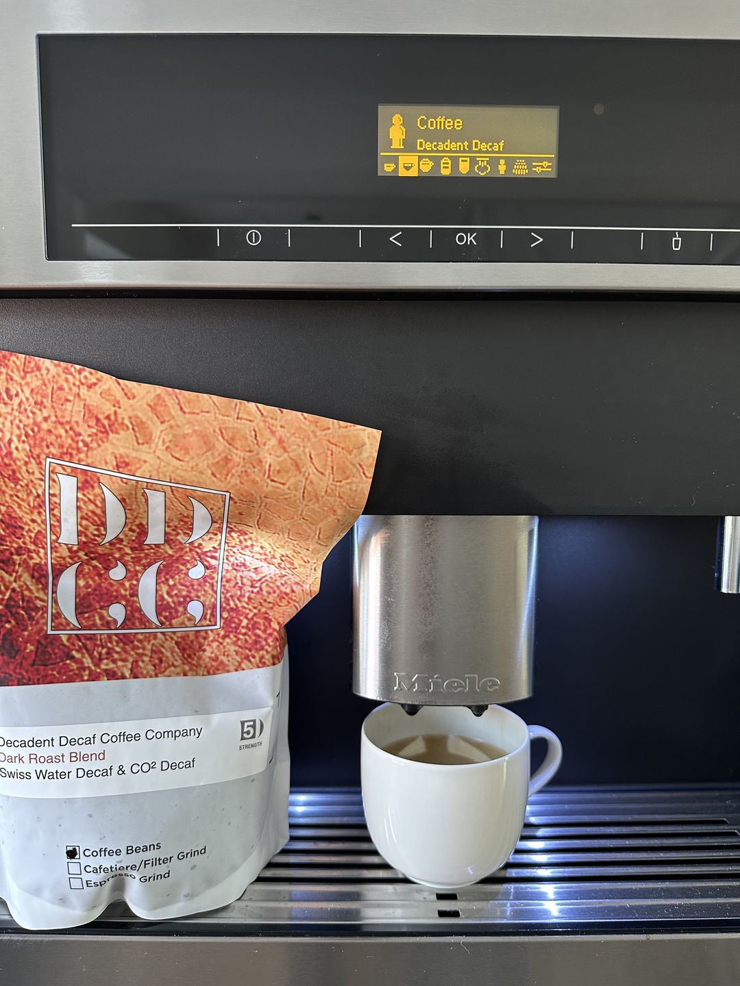 Customer photo review of Decadent Decaf Dark Roast Decaffeinated Coffee Blend - Swiss Water Decaf/CO2 Process - Strength 5
