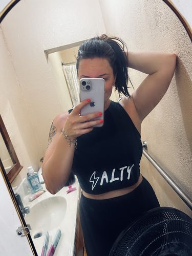 Customer photo review of Salty Savage Ladies 90's Bold Edition High Neck Sleeveless Crop Tank | Black/White