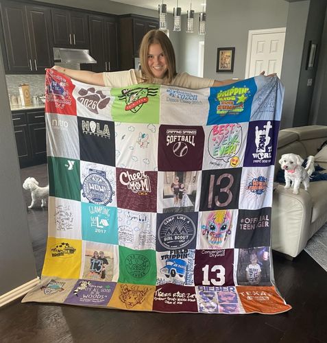 T-shirt quilt with softball, cheerleading themes by Samantha from TX