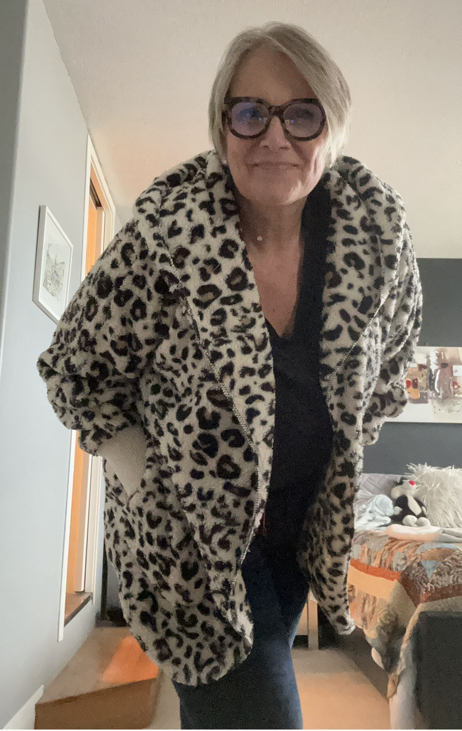 Customer photo review of Teddy Bear Plush Cardigan (Black/Beige Leopard)