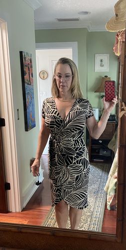 Customer photo review of Joseph Ribkoff Black/Multi Leaf Print Surplice Neck Faux Wrap Sheath Dress 232037 NEW