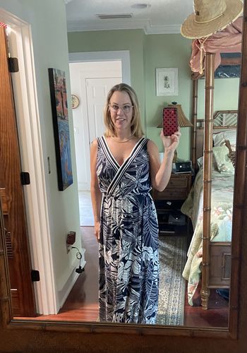 Customer photo review of Joseph Ribkoff Midnight Blue/Vanilla Palm Leaves Print V-Neckline Sleeveless Maxi Dress 232274 NEW