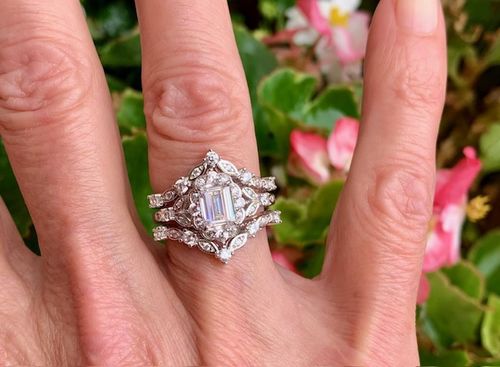 Customer photo review of Halo Wishbone Emerald Cut CZ Ring Set in Sterling Silver