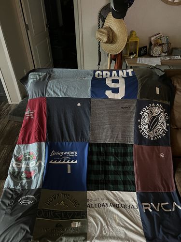 T-shirt quilt with sports, outdoor activities themes by Courtney from AR