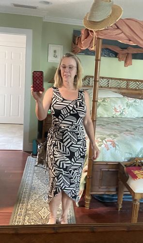Customer photo review of Joseph Ribkoff Black/Moonstone Leaf Print Wrap Front Midi Dress 232197 NEW