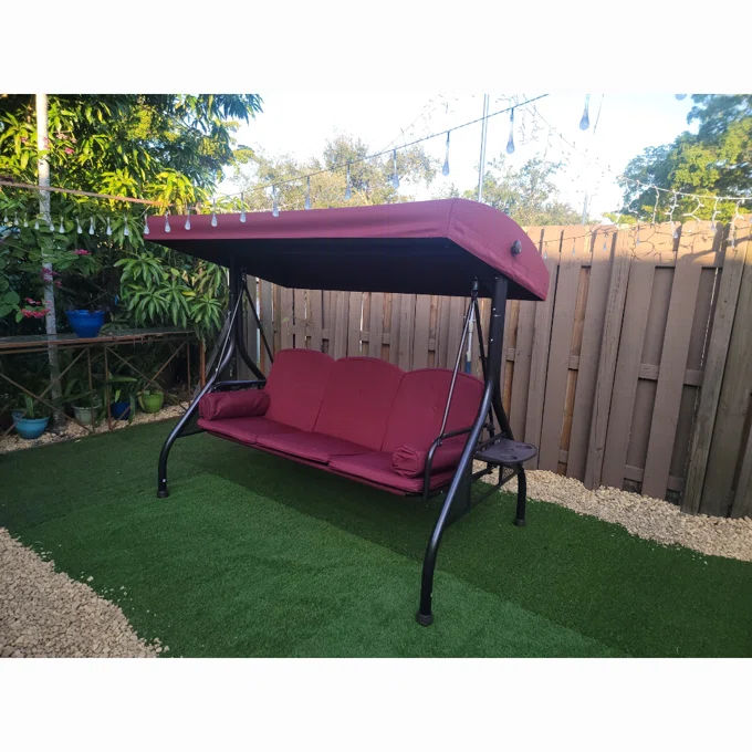 Customer photo review of 3-Seat Outdoor Porch Swing with Adjustable Canopy and Backrest, Patio Swing Chair with Weather Resistant Steel Frame,Comfortable Cushions for Balcony,Garden,Deck and Poolside,Wine Red