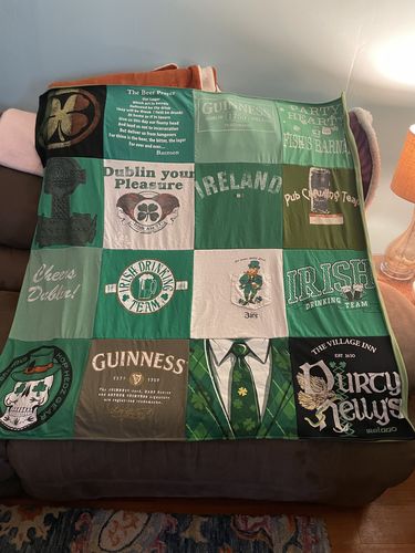 T-shirt quilt featuring irish drinking team by Rena from PA