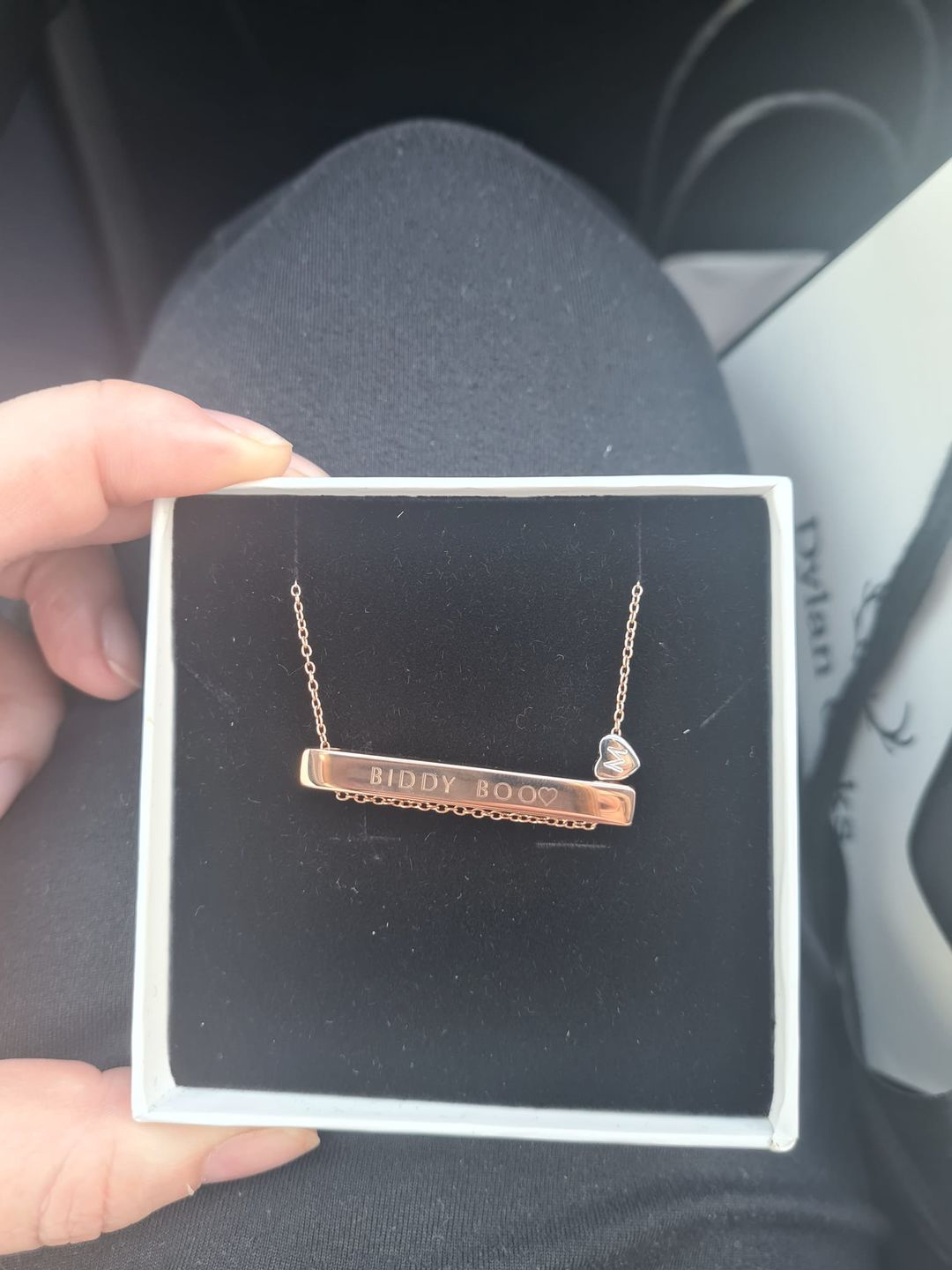 Customer photo review of 4cm Letter Bar Necklace in Rose Gold Horizontal