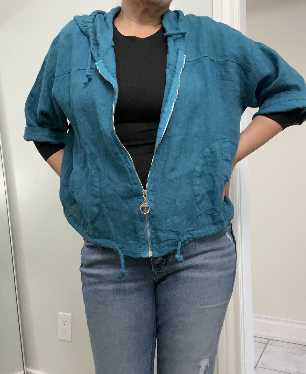 Customer photo review of Meo Linen Bomber Jacket (Ocean Blue)