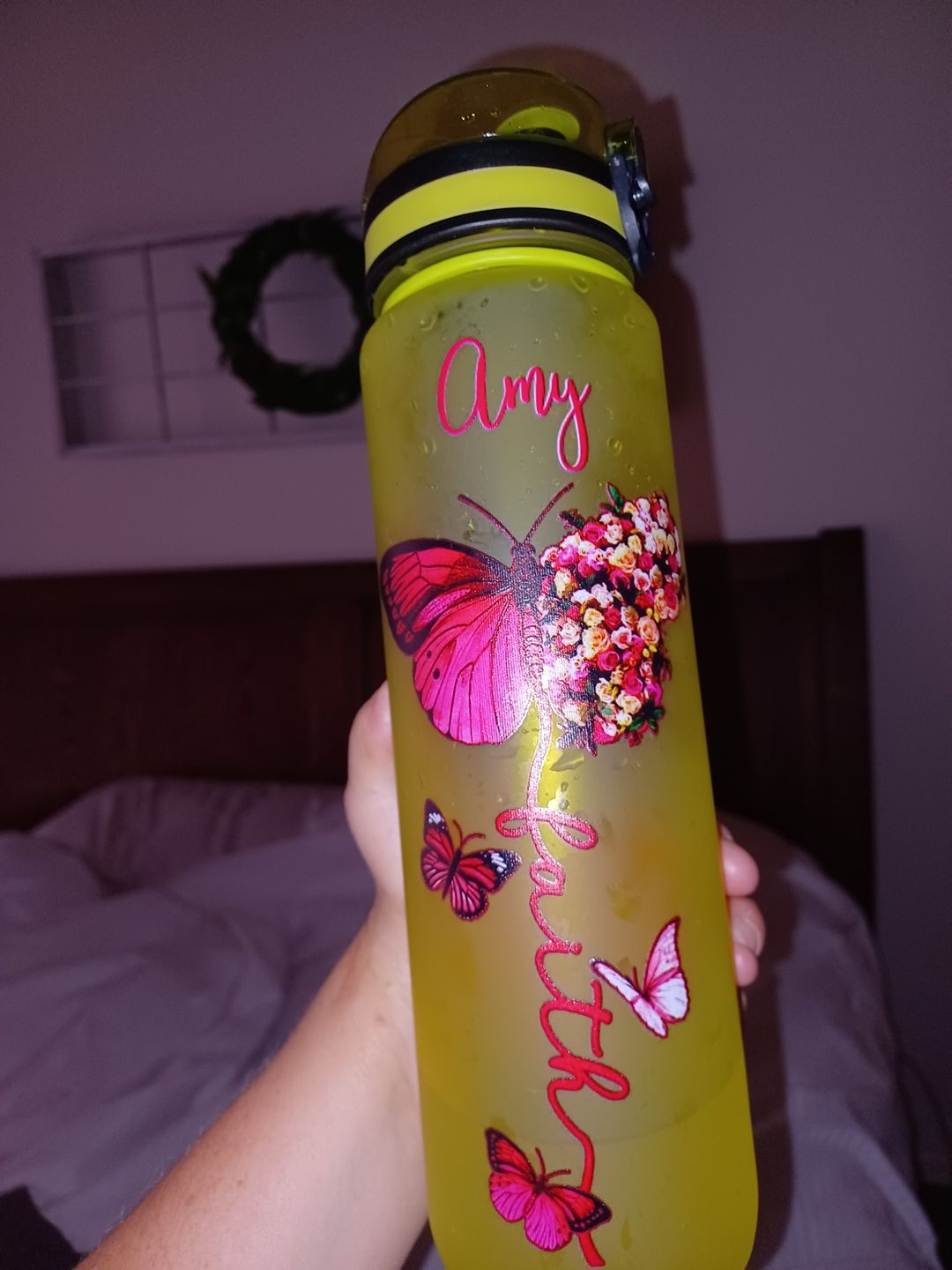 Customer photo review of Personalized Faith Inspirational Pink Butterfly on 32 oz Motivational Tracking Water Bottle