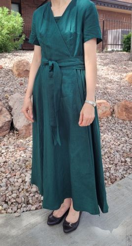 Customer photo review of Green Wrap Linen dress 4248