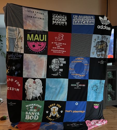 T-shirt quilt with body positivity, cooking themes by Allysa from MA