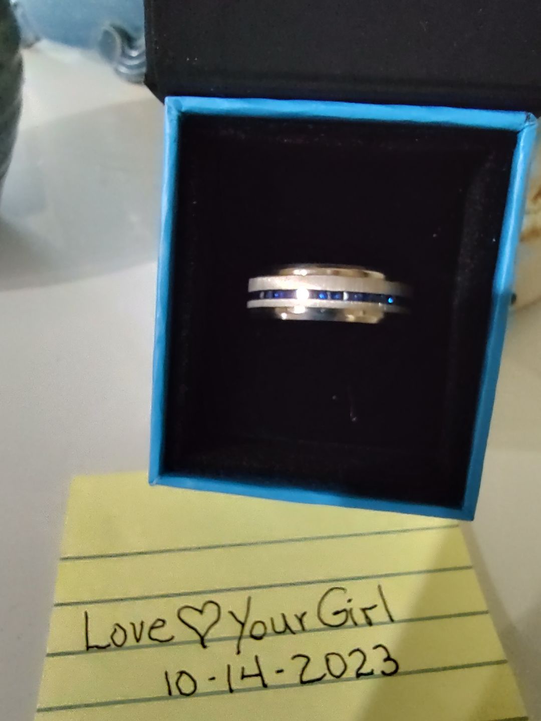 Customer photo review of 8mm - Mens Titanium Wedding Band With Blue Sapphire Titanium Ring