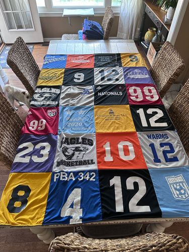 T-shirt quilt with sports, basketball themes by Joanne from PA