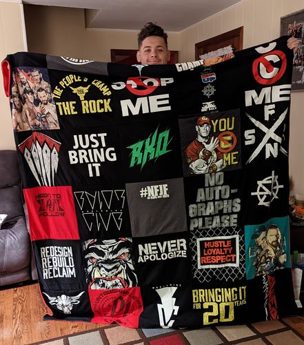 T-shirt quilt with wrestling, fitness themes by Bonnie from CT