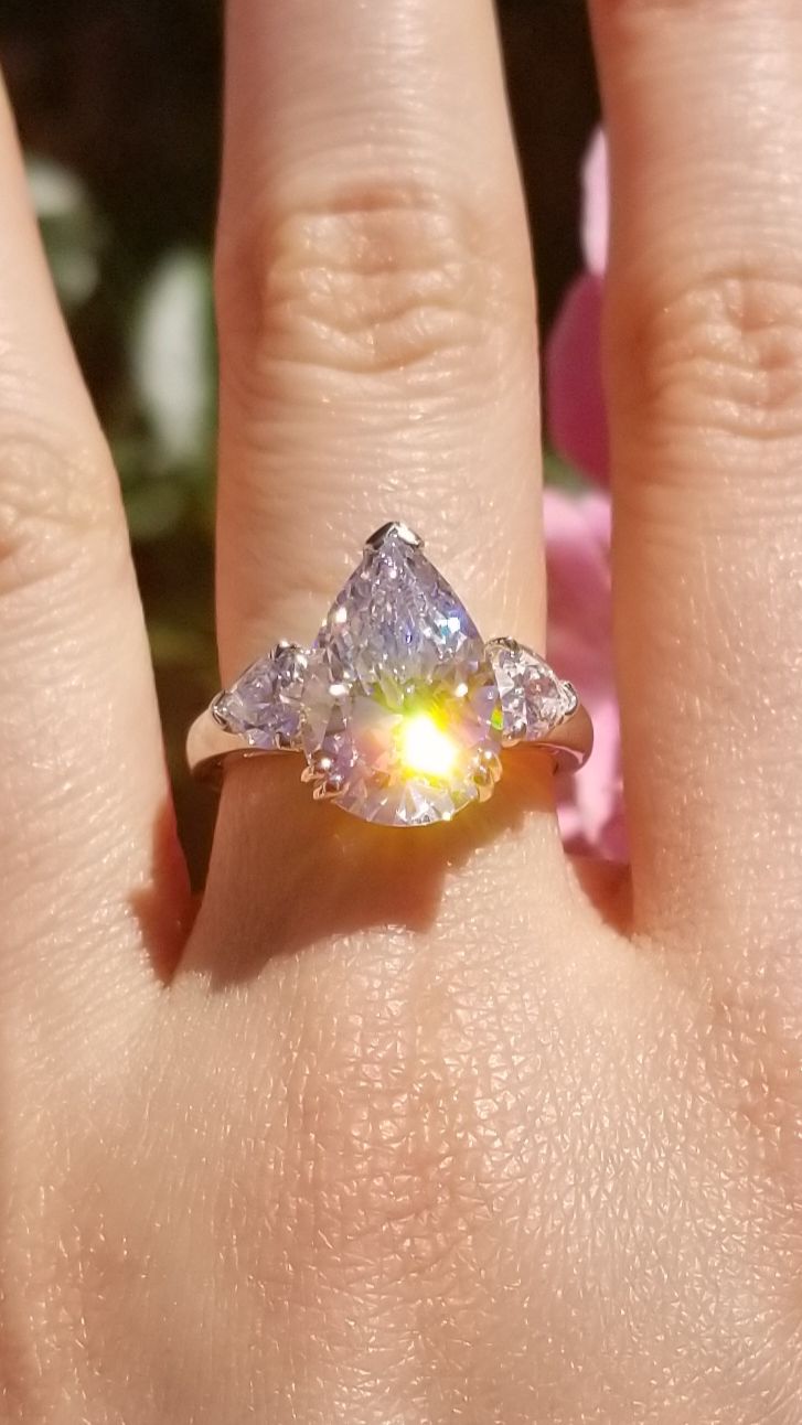 Customer photo review of 3-Stone 5.7ct Pear CZ Ring in Sterling Silver