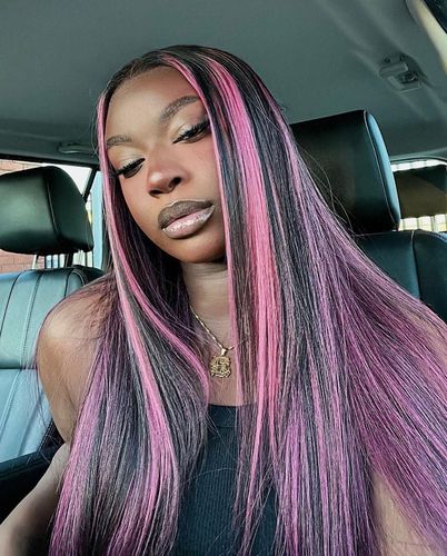 Customer photo review of Black Hair With Pink Highlights Straight/Wave Human Hair Lace Front Wigs
