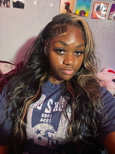 Customer photo review of Skunk Stripe Highlight Black and Blonde Virgin Human Hair Lace Front Wig