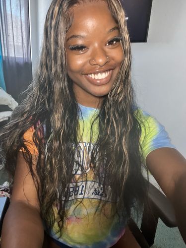 Customer photo review of Skunk Stripe Highlight Black and Blonde Virgin Human Hair Lace Front Wig