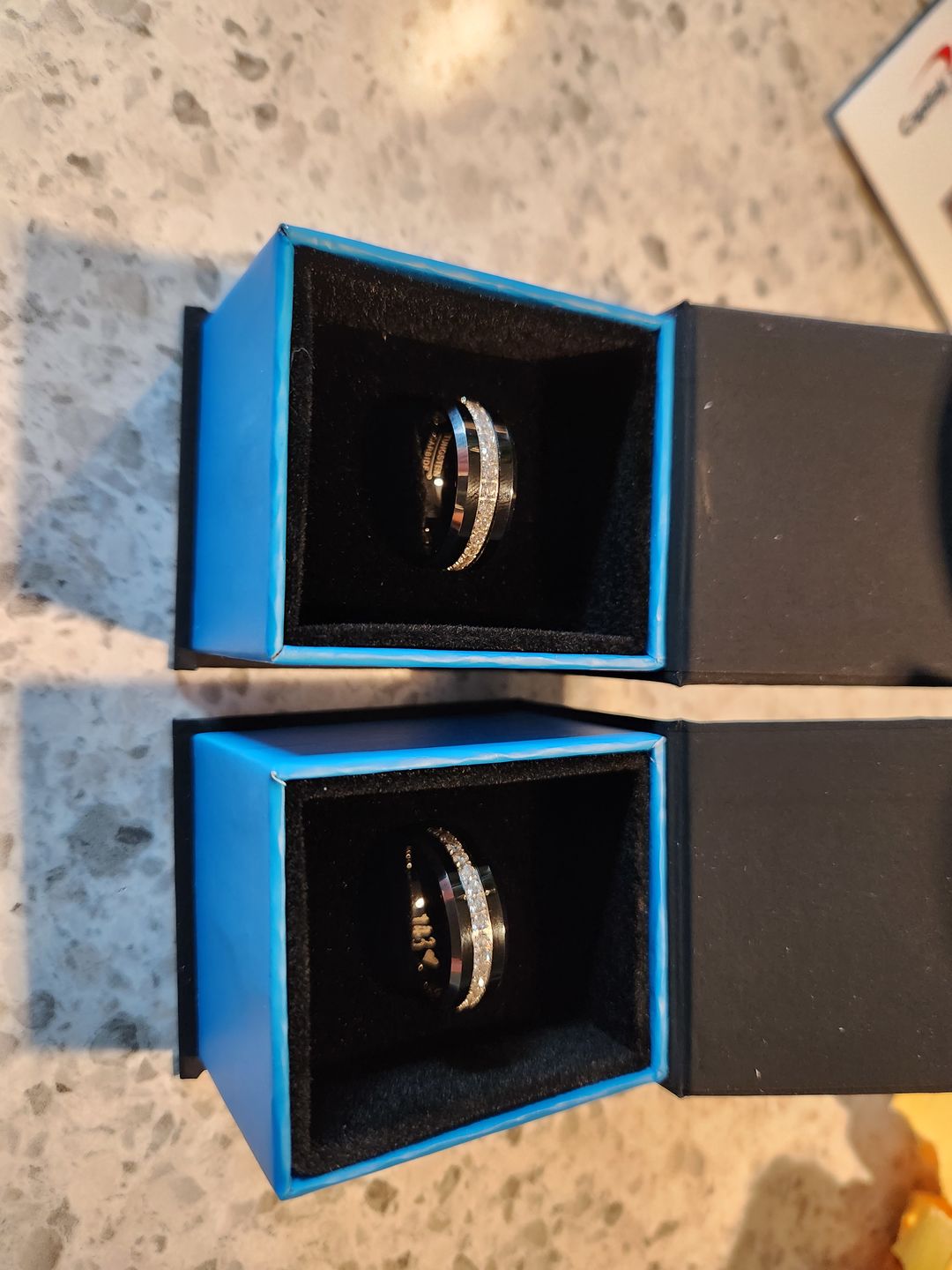 Customer photo review of 8MM - TUNGSTEN WEDDING BAND Polished Edges CUBIC ZIRCON BEVELED EDGE