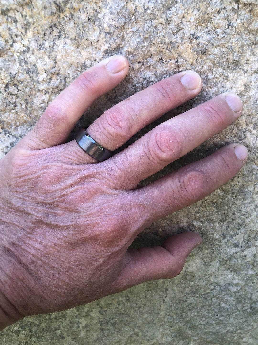 Customer photo review of 8mm GunMetal Tungsten Carbide Wedding Band with Beveled Edges
