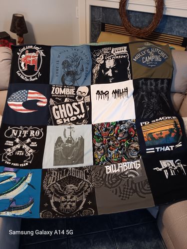 T-shirt quilt with outdoor activities, camping themes by Darlana from FL