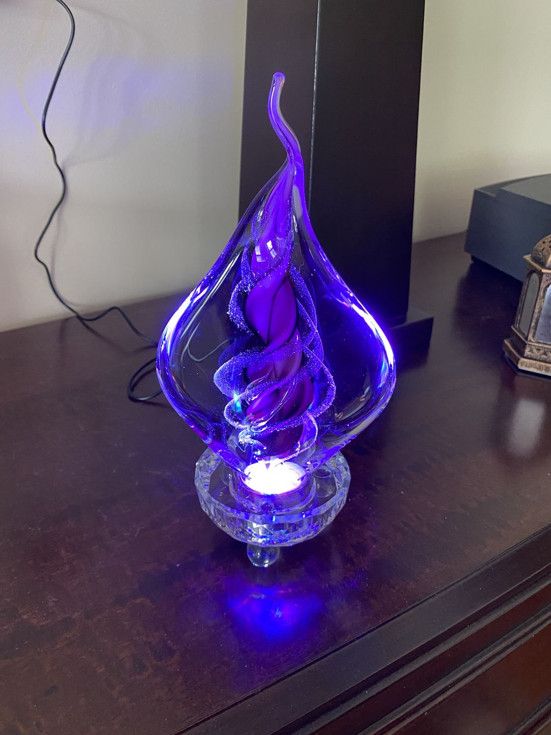 Customer photo review of Illuminated Memorial Glass Flame with Cremation Ashes