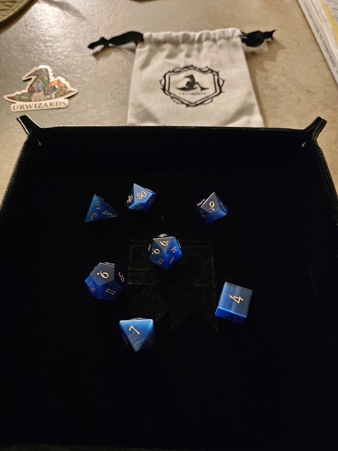 Customer photo review of URWizards Custom font style for dice, Custom initial on Dice, Dnd Natural Gemstone Dice MTG Game