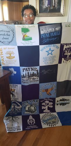 T-shirt quilt with family reunions, genealogy themes by Catherine from VA